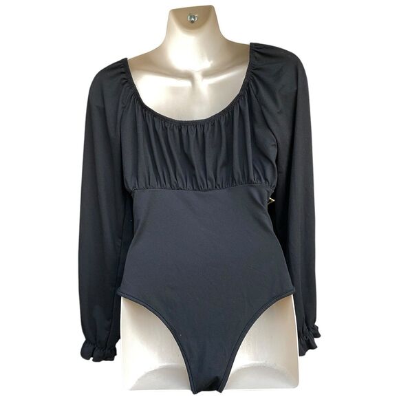 Black Tie Front Long Sleeve Bodysuit Sz S Whimsigoth Coquette Chic Basic Stretch - Picture 5 of 9